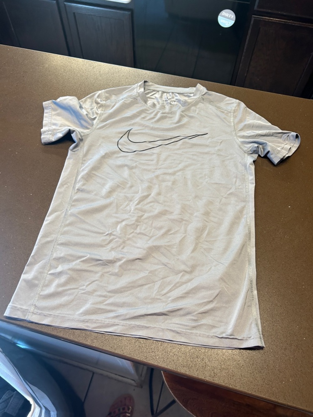 Nike Men’s Light Gray Short Sleeve Dri-FIT Tee with Black Swoosh